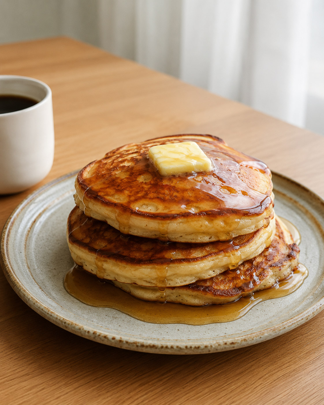 stack of 3 crispy thick fluffy cottage cheese pancakes on a ceramic plate with melty piece of butter on top and maple syrup