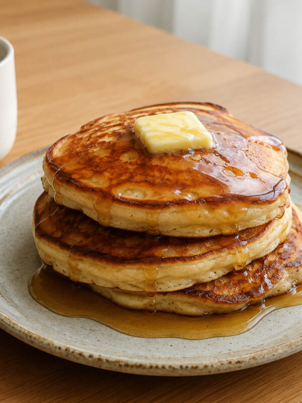 stack of crispy edged fluffy cottage cheese pancakes on a ceramic plate with melty piece of butter on top and maple syrup