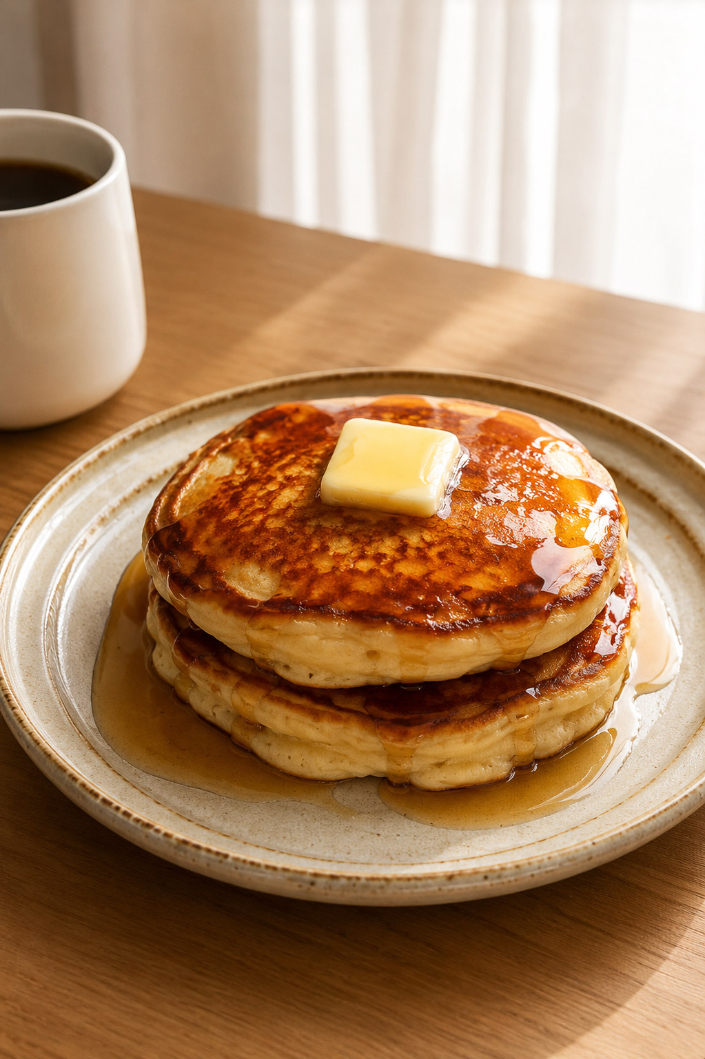 stack of 2 thick and fluffy crispy cottage cheese pancakes on a ceramic plate with melty piece of butter on top and maple syrup with coffee in the back