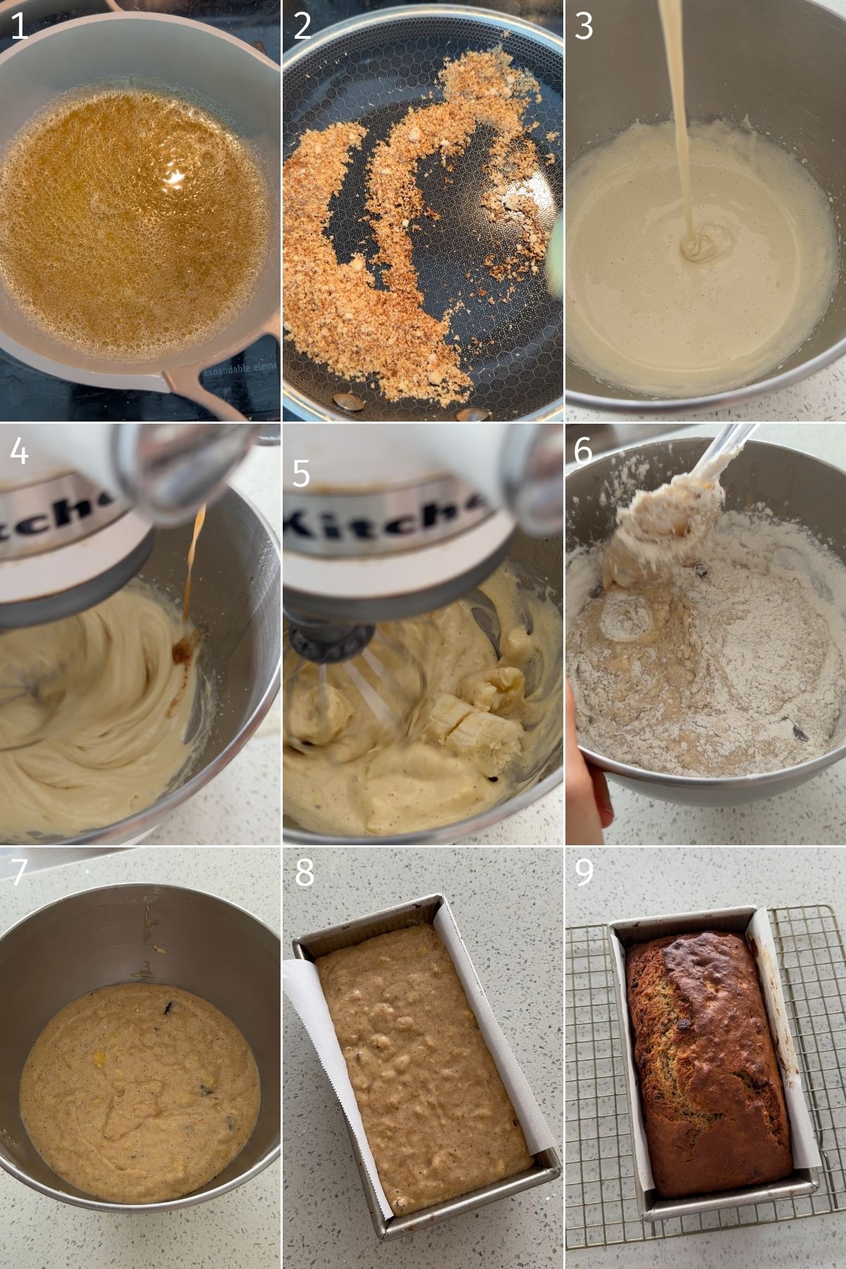 step by step how to make brown butter banana bread by browning butter, browning milk powder, mixing batter in stand mixer, folding in dry ingredients and baking until golden brown