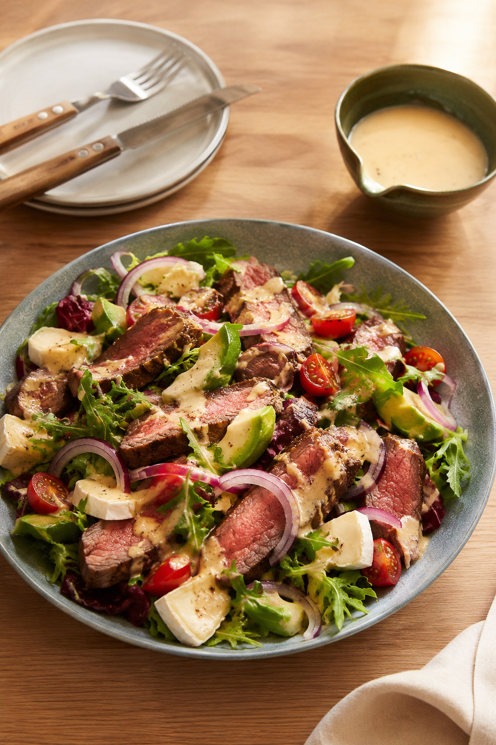 steak salad with medium rare steak slices, brie, spring mix, avocado, tomato, red onion topped with creamy japanese sesame dressing in a ceramic grey bowl with a side of dressing in a green bowl on the side and side dishes