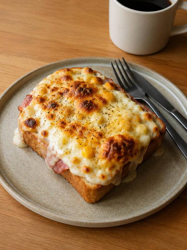 croque monsieur made with shokupan with prosciutto, bechemel sauce, swiss cheese and corn. lots of broiling on top and garnished with parsley. a matte dark silver fork and knife beside the sandwich.