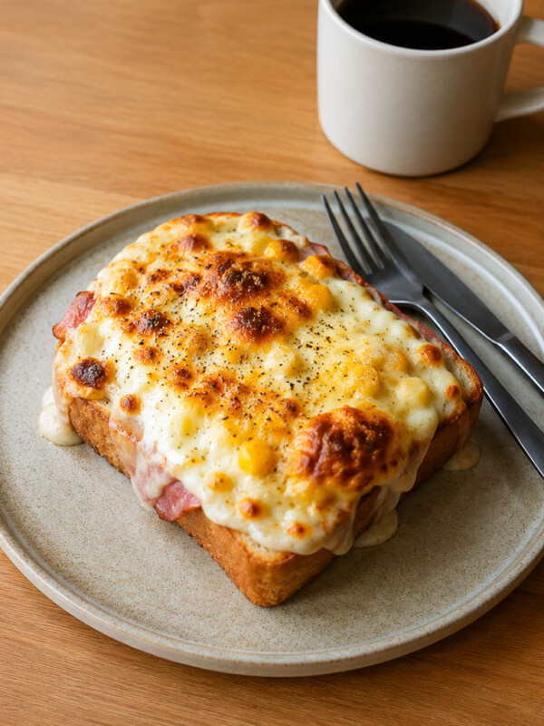 croque monsieur made with shokupan with prosciutto, bechemel sauce, swiss cheese and corn. lots of broiling on top and garnished with parsley. a matte dark silver fork and knife beside the sandwich.