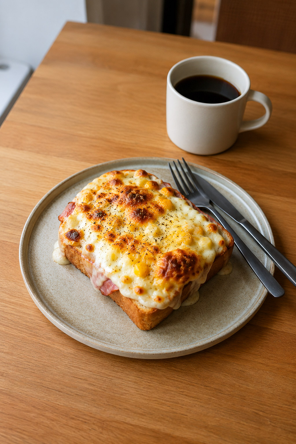 Corn Croque Monsieur on a beige ceramic plate. Shokupan with corn, broiled cheese with plenty of bechemel sauce.
