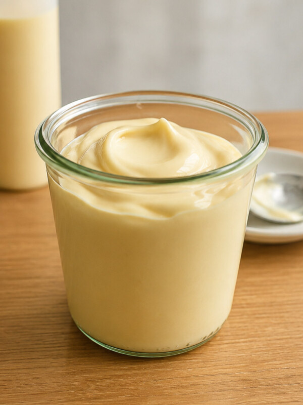 homemade japanese mayo in a weck jar with a squeeze bottle behind it and a spoon with mayo on it on a small plate to the right