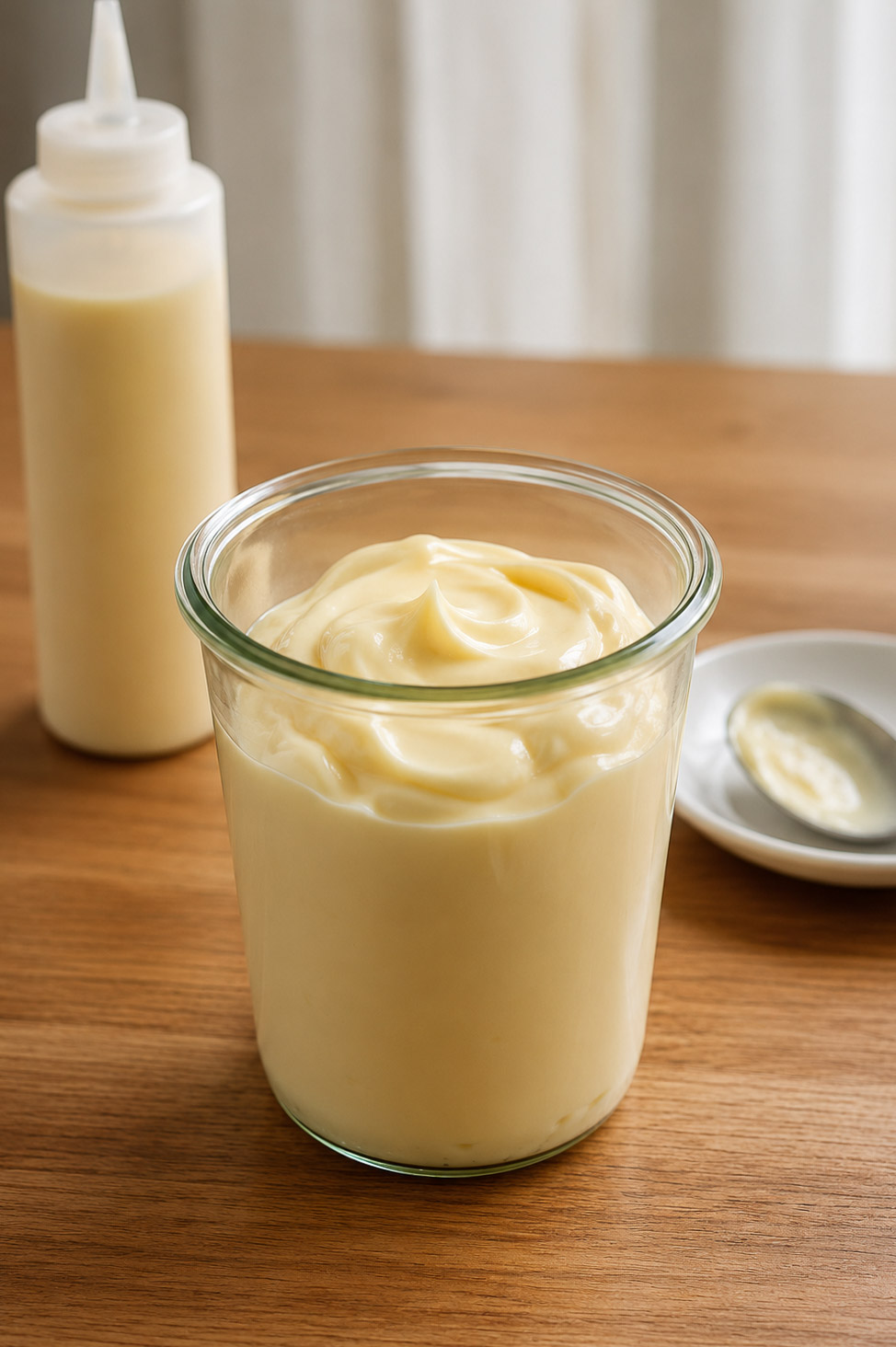 homemade kewpie mayo in a weck jar placed in the front and a squeeze bottle behind it to the left and a spoon dipped in mayo on a small plate on the right